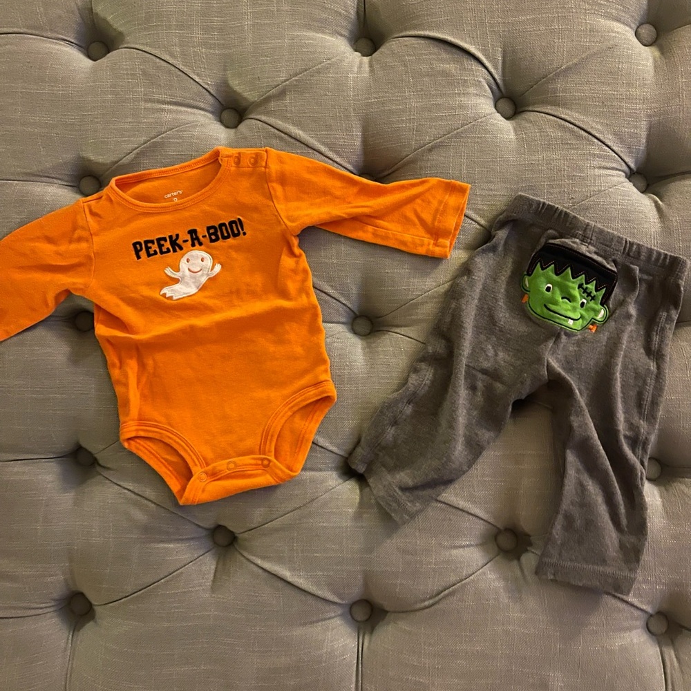 9M “Peek-A-Boo!” Ghost Orange Long Sleeve Onesie/Matching Frankenstein Pants